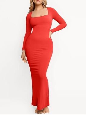 Popilush Slimming Long Modal Dress with Square Neck and Long Sleeves Size L